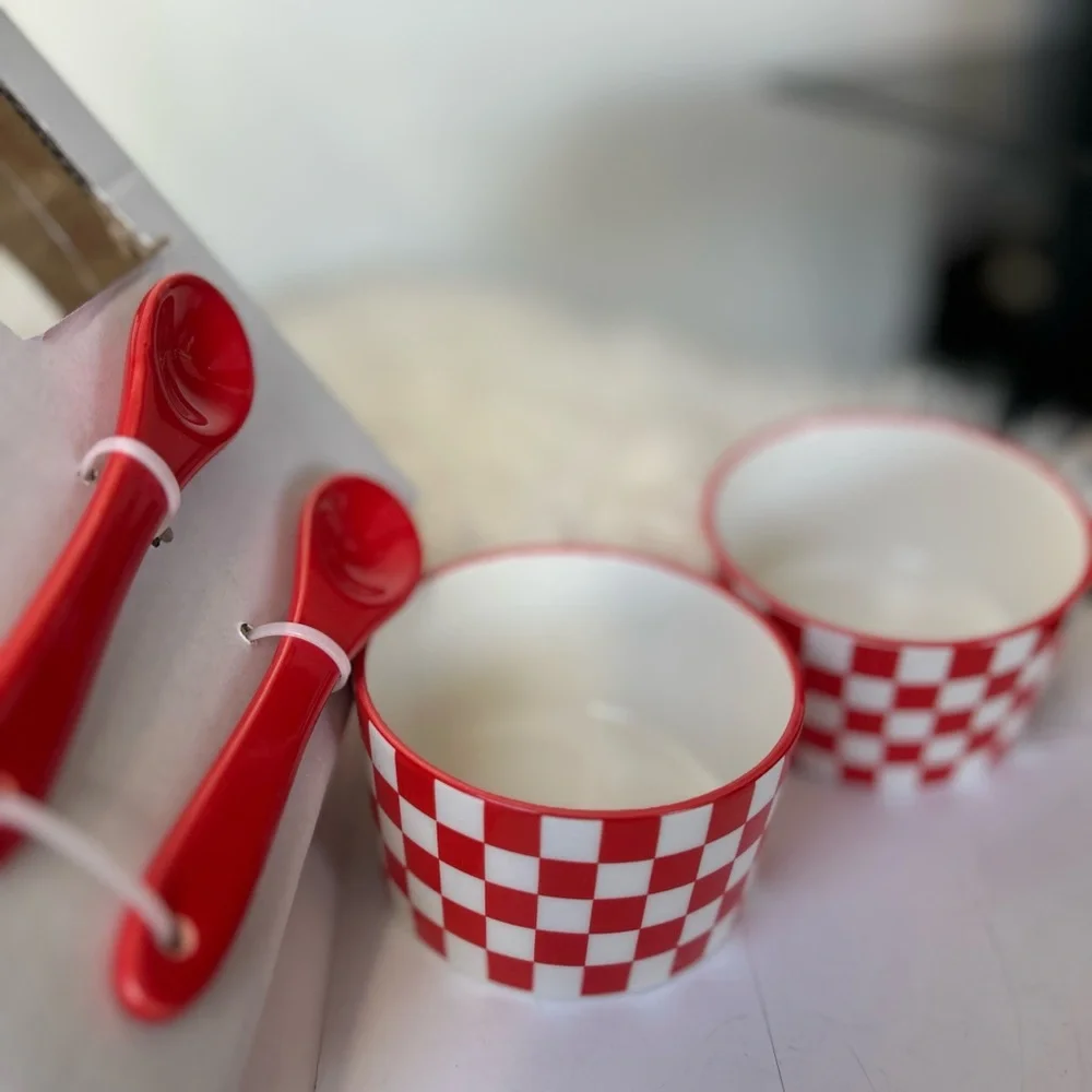 Red and White Checkered Ceramic Bowls with Spoons